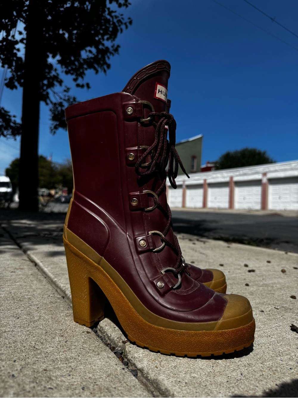 Vintage Hunter Burgundy and Mustard Lace-Up Platform Heeled Rain Boots - Picture 2 of 9
